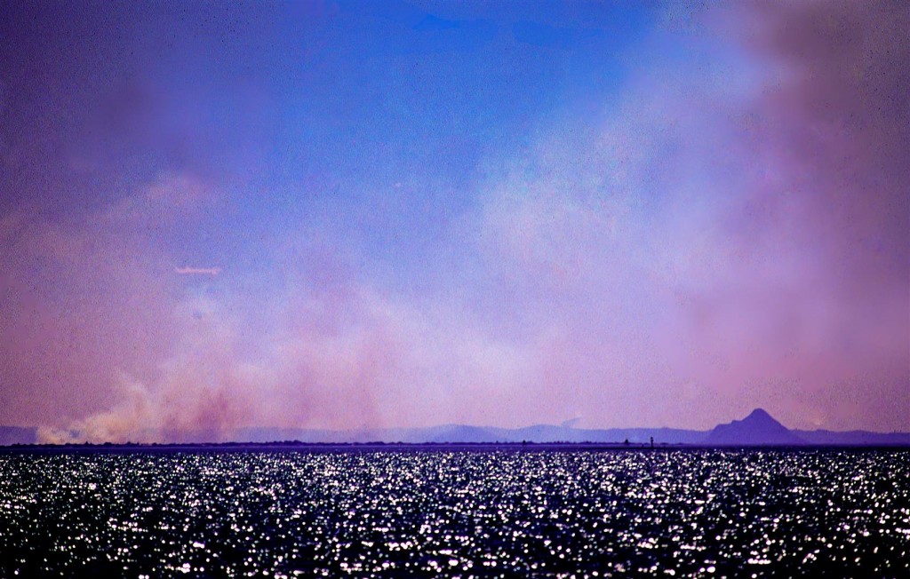 Bushfires cloak the Glasshouse Mountains, at the northern end of Moreton Bay. 